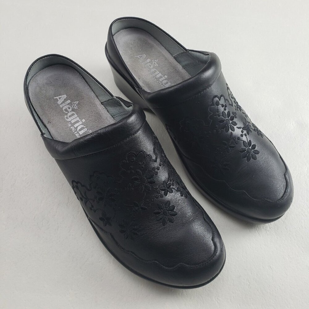 Alegria Isabelle Embroidered Leather Clog Womens 9.5-10 41 Black Slip On Mule